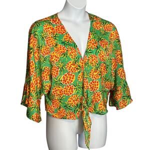 Skies Are Blue Tropical Blouse Large Top Pineapple Print Tie Waist Kimono Sleeve